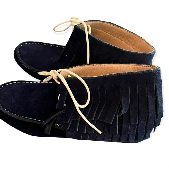 Monkey Feet navy blue fringe boho Mommy Moccasins size 41 NWOT